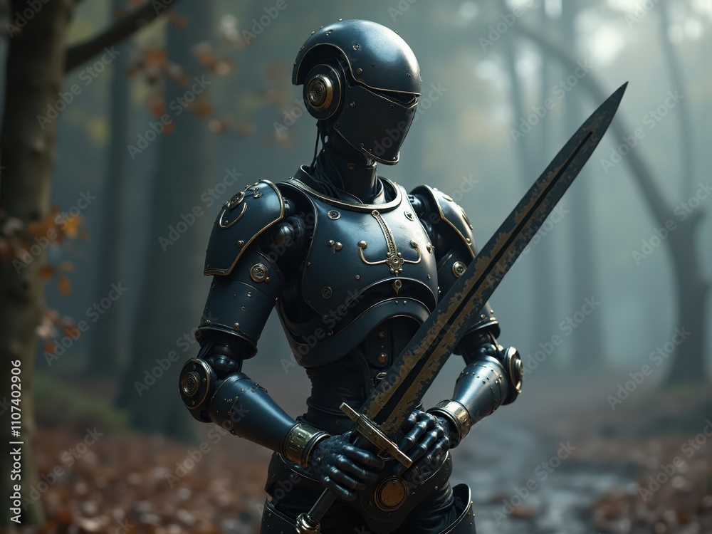 Fototapeta premium Medieval robot knight holding sword in misty forest