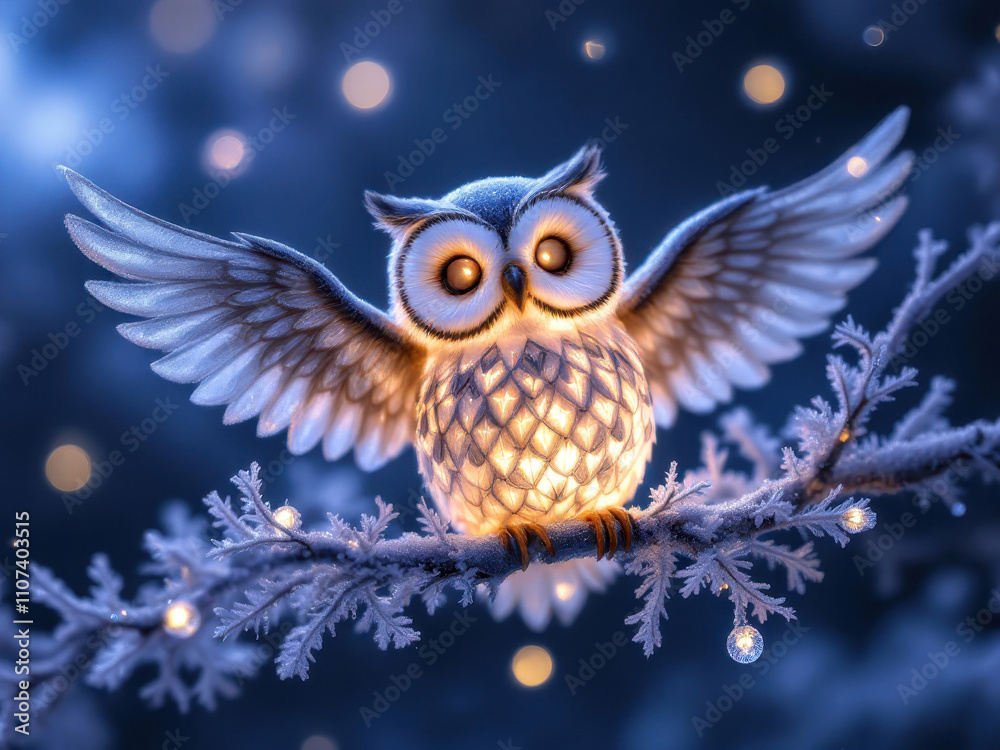 Obraz premium Velvet owl ornament illumines frosty christmas tree branch with warm glow