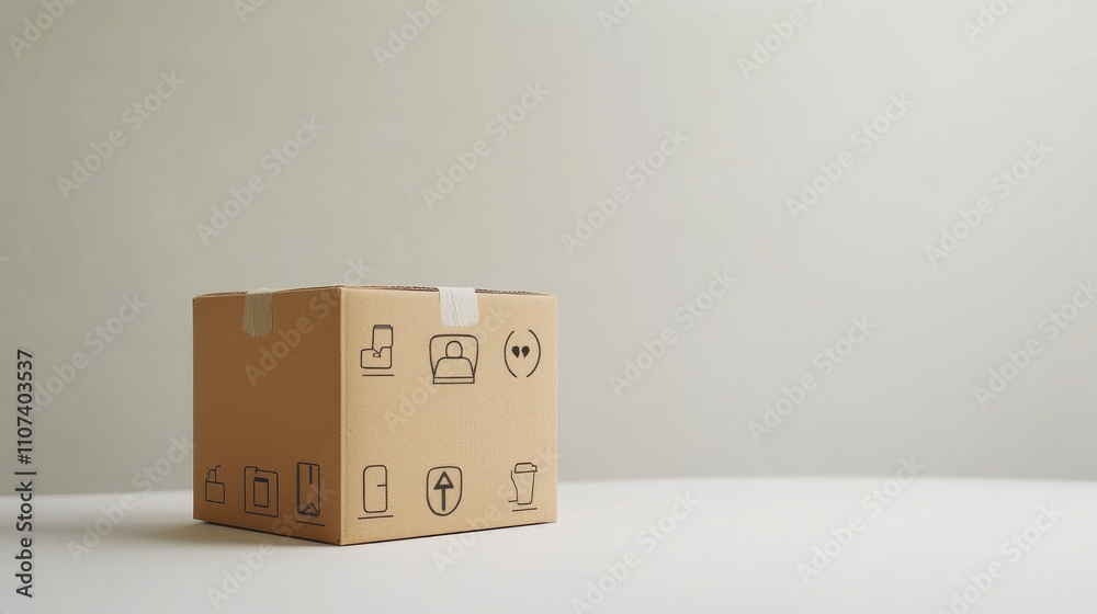 Fototapeta premium A cardboard box with icons indicating contents and handling instructions, placed on a surface.