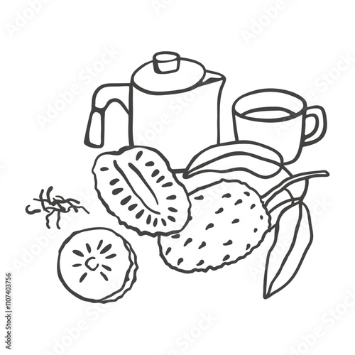 Hand drawn soursop tea composition. Simple sketch style exotic fruit design