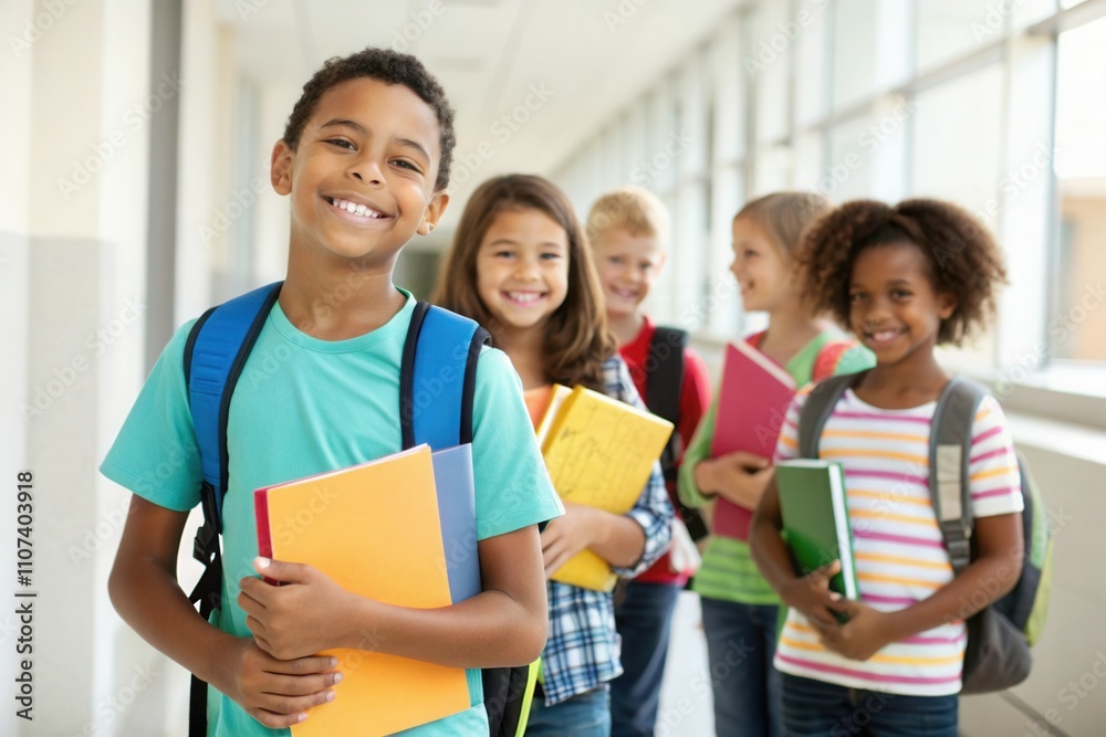 A group of five children smiles joyfully while walking together in a school hallway, each carrying notebooks and wearing colorful backpacks. Their camaraderie and enthusiasm for learning are evident. A group of five children smiles joyfully while walking together in a school hallway, each carrying notebooks and wearing colorful backpacks. Their camaraderie and enthusiasm for learning are evident.