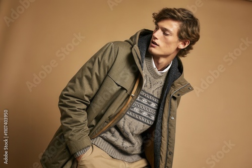 A young man poses confidently in a cozy, stylish outfit featuring a knitted sweater and a jacket, showcasing contemporary winter fashion against a warm, neutral backdrop during a photoshoot. photo