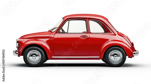 A classic red car in profile view, showcasing its vintage design and compact shape.