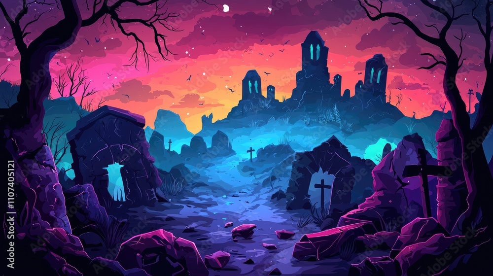 A Creepy Graveyard with a Gothic Castle in the Background A Creepy Graveyard with a Gothic Castle in the Background