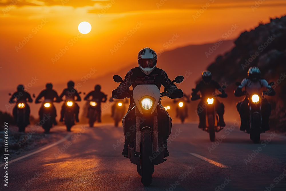 Obraz premium A group of motorcyclists rides along the road at sunset
