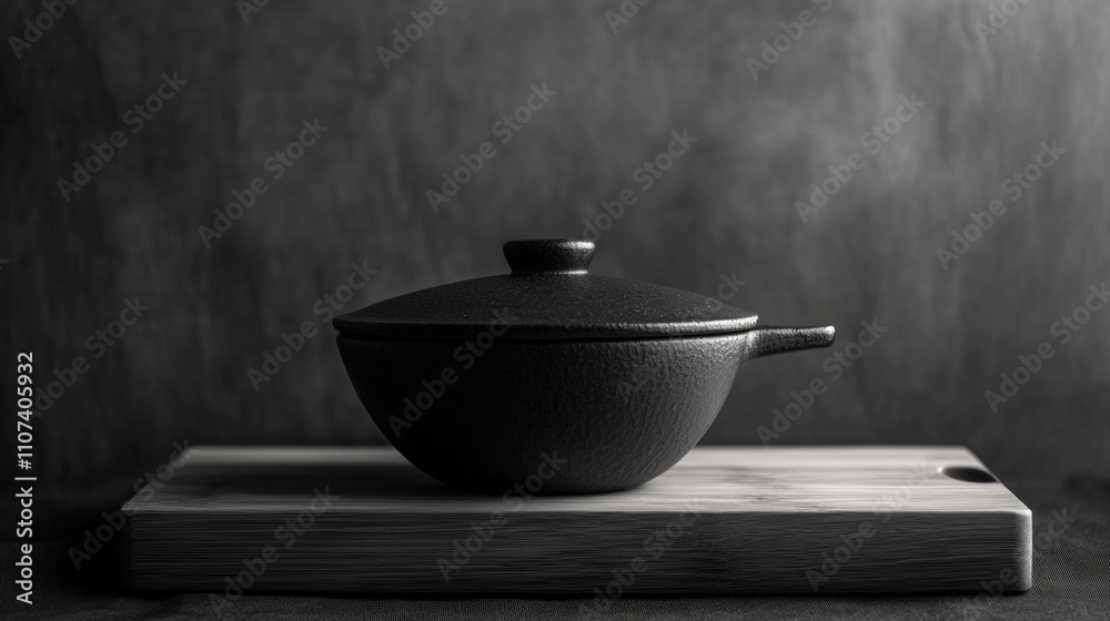 Wooden cutting board with black pot Wooden cutting board with black pot