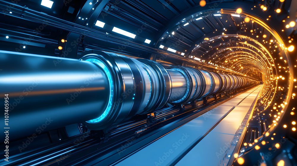 Fototapeta premium A futuristic tunnel with metallic pipes and glowing lights, suggesting advanced technology and energy flow