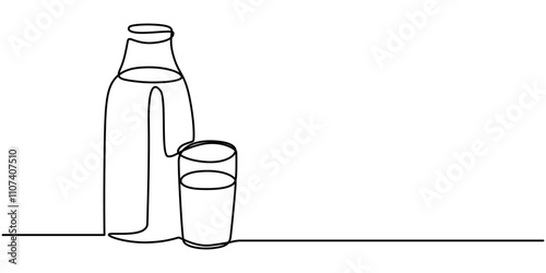 One continuous line drawing of bottle and glass with milk containt. beverage in simple linear style. beverage design concept vector illustration, Pitcher for milk line continuous drawing vector.