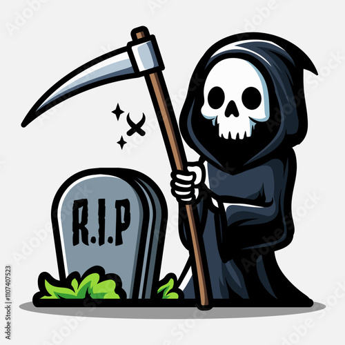 Set of cute grim reaper illustration. Element for halloween design. Spooky and horror. Vector Eps 10
