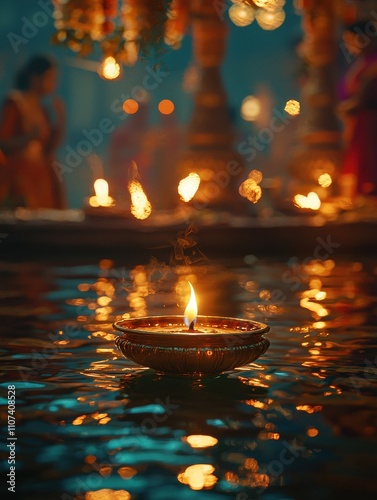  A single, glowing diya floats serenely on water, reflecting the warm light and spiritual atmosphere of a temple ceremony.   photo