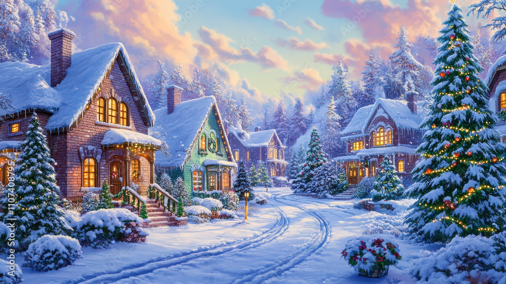Fototapeta premium Cartoon winter scene with houses christmas trees and pastel background