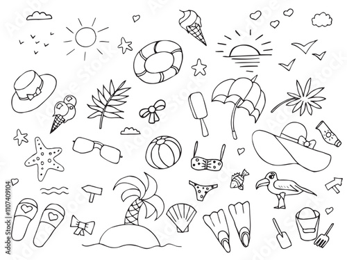 Hand drawn summer doodles, beach party, vacation and travel doodle elements. Line art set of the different objects.