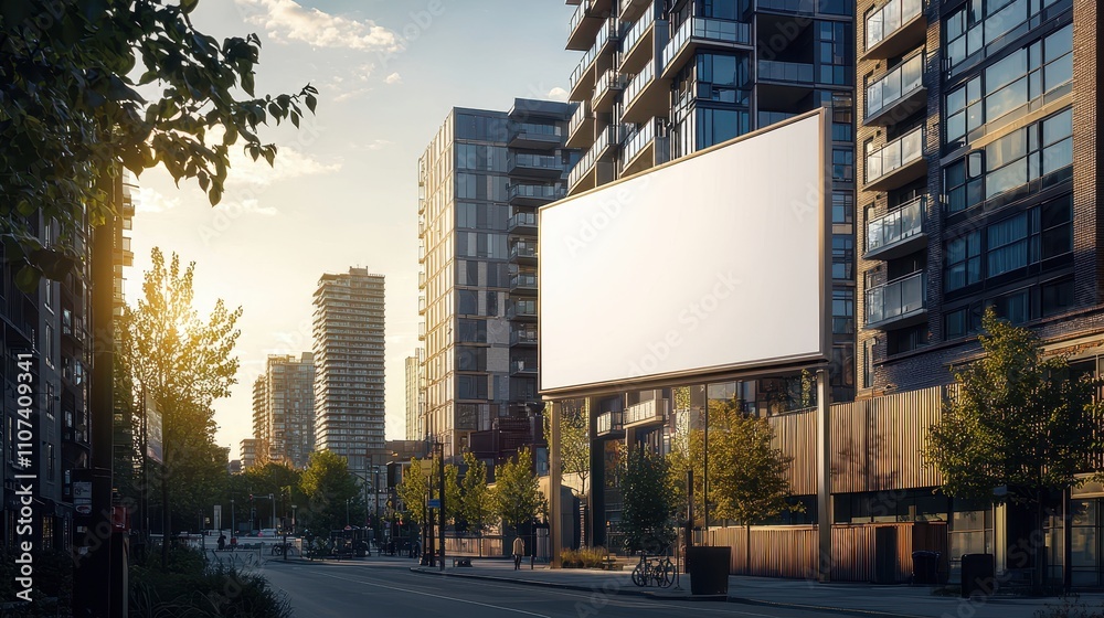 Obraz premium A large, blank advertising billboard stands prominently against the backdrop of a bustling urban cityscape.