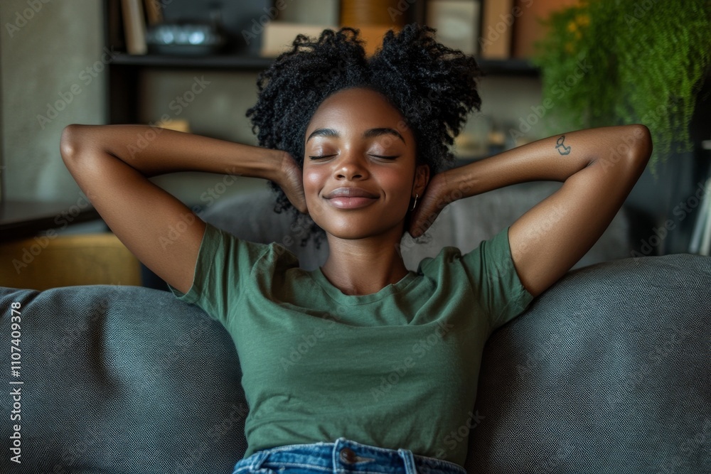 Fototapeta premium A woman is sitting on a couch with her head on her hand