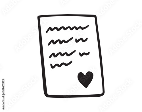 Love letter hand drawn doodle icon. Valentines day love text clipart. Vector outline paper with heart.