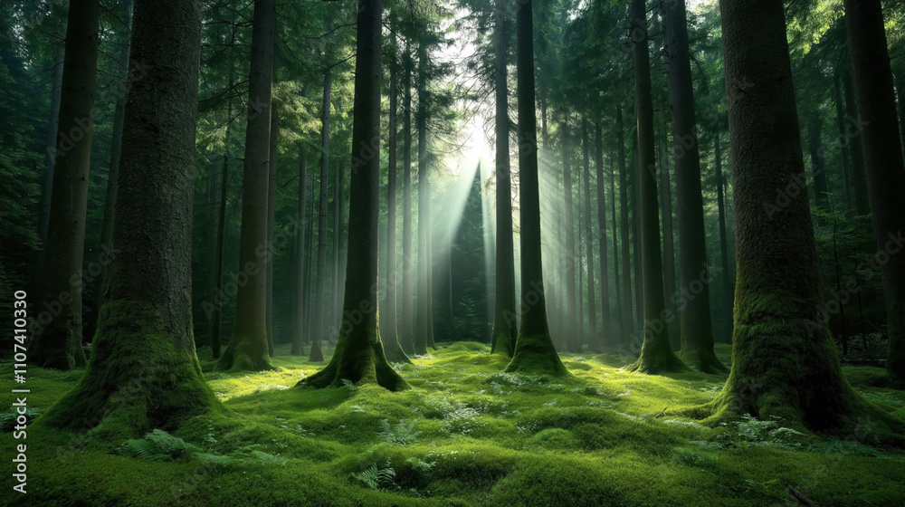 Obraz premium Moss-covered forest floor with tall trees and sunlight streaming through canopy creating a serene and lush atmosphere