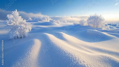 Winter wonderland landscape with frost-covered bushes on a snow-covered hill. Sunlight illuminates the scene.