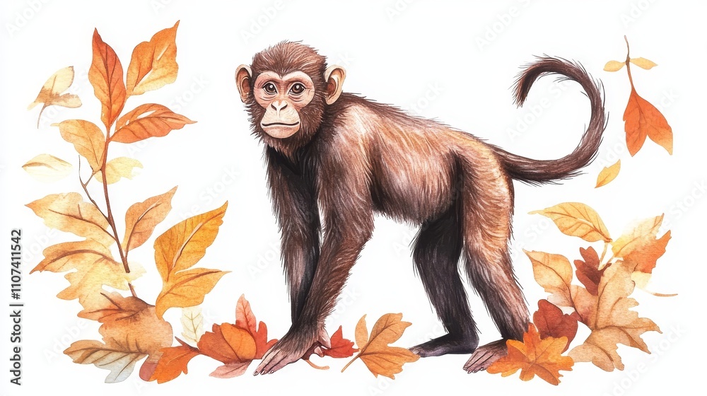 Fototapeta premium Monkey Surrounded by Fall Leaves, Autumn Colors, Brown Monkey Illustration, Autumnal Foliage, Monkey Art, Nature Scene