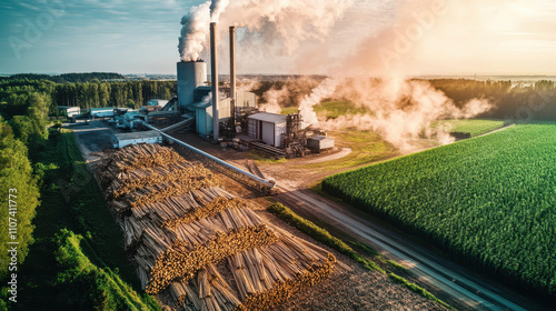 Industrial biomass energy facility with smoke and timber stacks