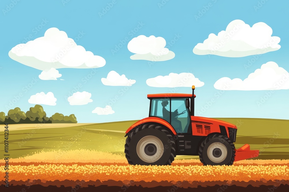 Fototapeta premium Bright Red Tractor Plowing Golden Field Under Clear Blue Sky with White Clouds in Rural Landscape, Farming Equipment in Action, Agricultural Scene, Agricultural Machinery