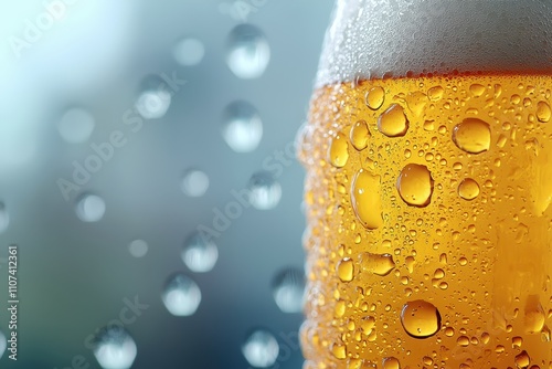 A refreshing close-up of a condensation-covered beer glass, capturing the essence of chilled refreshment and a moment of relaxation.  photo