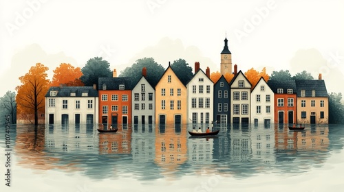 A 2D cartoon of rising sea levels submerging buildings, with people navigating in boats through a flooded city. Flat,  photo