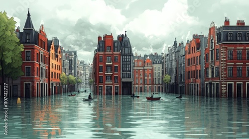 A 2D cartoon of rising sea levels submerging buildings, with people navigating in boats through a flooded city. Flat,  photo