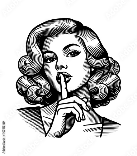 woman with silence hand gesture engraving black and white outline