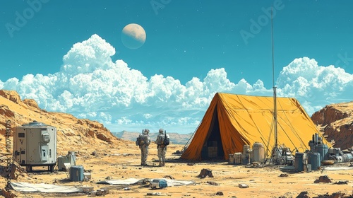 A 2D cartoon of scientists conducting research in a barren desert environment, with advanced equipment and tents photo