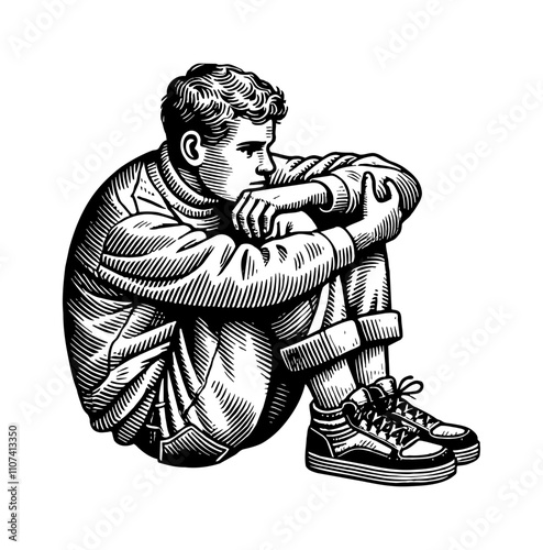 person seated alone, in a contemplative sad pose, side view, engraving black and white outline