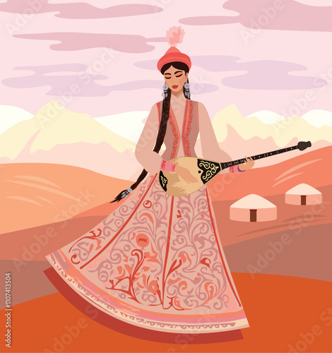 Vector image of a young girl in a Kazakh national costume with a dombra in her hands against