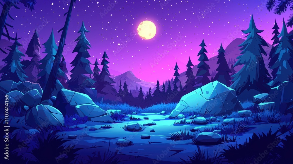Obraz premium Nighttime Forest Scene with Moon, Stars, and Stream