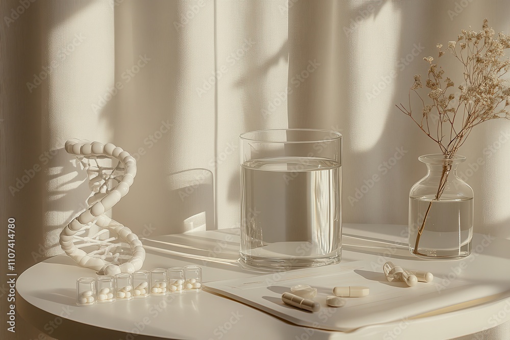 A collection of youthful-boosting nutrients next to a glass of water rests on a clean workspace, accompanied by a dna helix model and research papers aimed at increasing lifespan