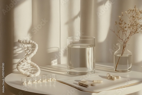 Obraz na płótnie A collection of youthful-boosting nutrients next to a glass of water rests on a clean workspace, accompanied by a dna helix model and research papers aimed at increasing lifespan w salonie