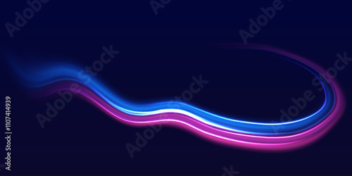 Speed police line. Laser beams, horizontal light rays. Magic shining neon light line trails. Purple glowing wave swirl. High speed effect motion blur night lights. Vector illustration EPS10