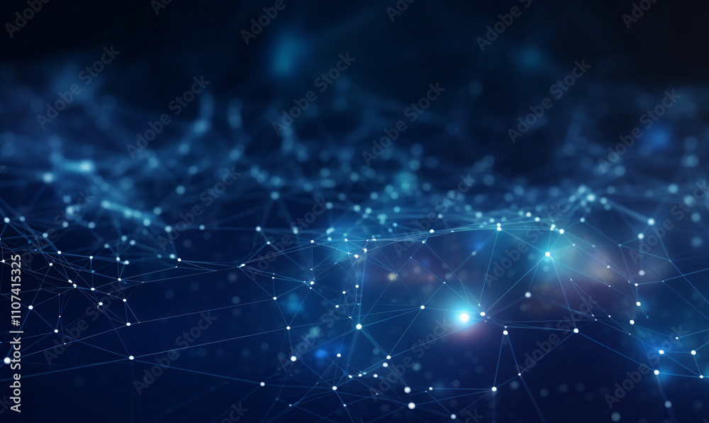 Fototapeta premium Abstract blue technological backdrop featuring a cyber network grid, interwoven particles, artificial neurons, and global data connections.