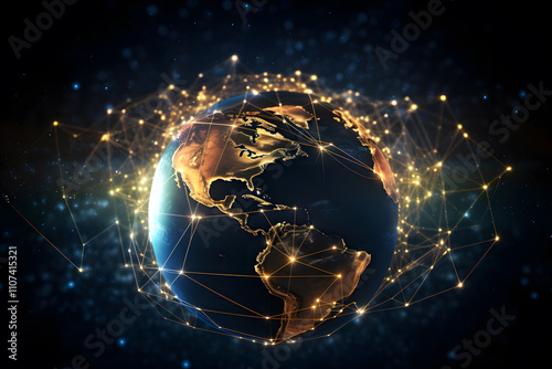 Abstract illustration of the world global network connection, showing digital connected lines and nodes, symbolizing worldwide communication and modern technological interconnection.