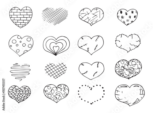 Hand drawn doodle hearts sketch set. Various different hand drawn heart icon love collection isolated on white background. Black heart symbol for Valentines Day.
