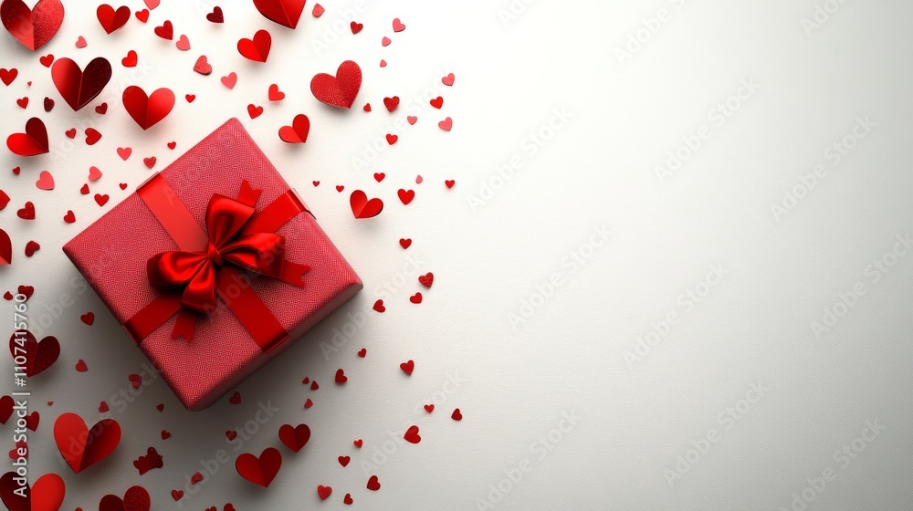 Elegant white background with red gift box and paper-cut hearts on a white background, with space for text. Perfect fot Valentine's Day, Women's Day, Mother's Day Elegant white background with red gift box and paper-cut hearts on a white background, with space for text. Perfect fot Valentine's Day, Women's Day, Mother's Day