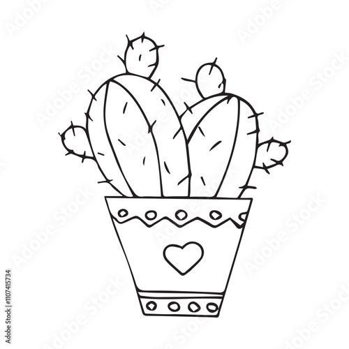 Hand drawn cactus in a pot. Doodle illustration isolated on white background