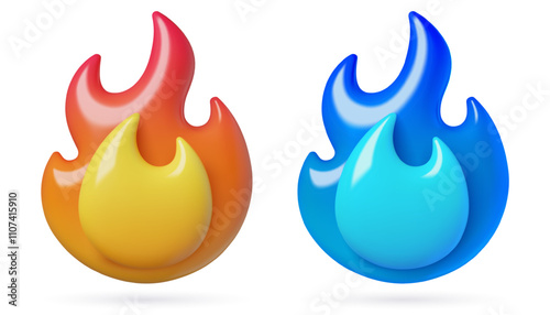 Red and blue flame 3d icons. Gas fuel and fire burning emoji. Three dimensional vector elements isolated on white background.