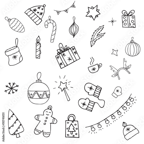 Merry Christmas and happy New Year festive collection. Different hand drawn doodle elements, Christmas tree, cozy sweater, mittens