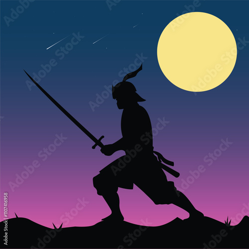 Japanese Samurai action with sword in night time with big moon behind. Illustration Vector