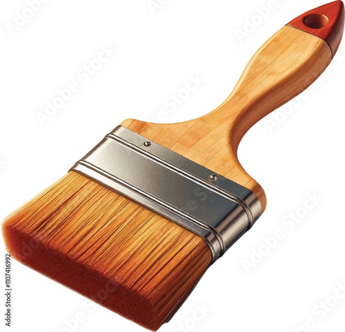 realistic Wooden-handled paintbrush with red bristles 