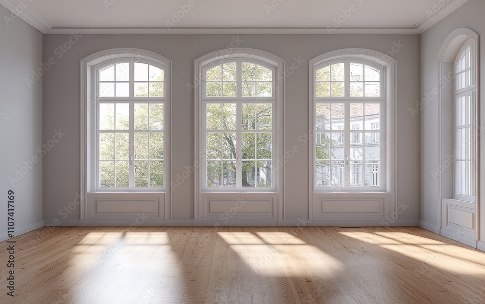 Fototapeta premium A vacant room featuring a smooth wooden floor and three large windows