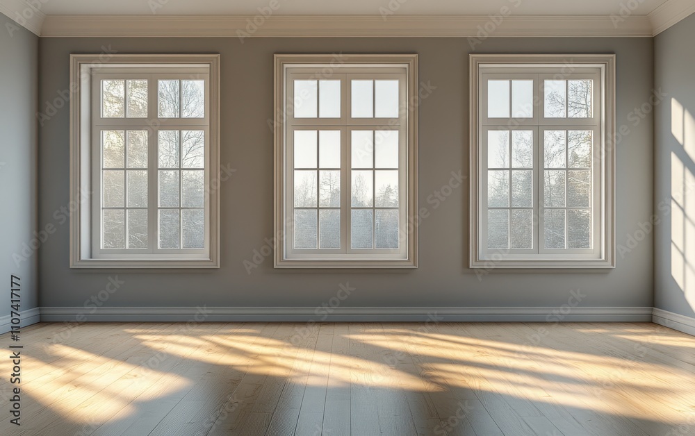 Fototapeta premium A vacant room featuring a smooth wooden floor and three large windows
