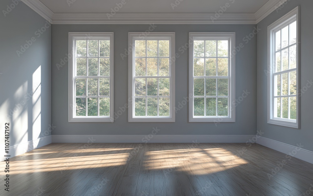 Fototapeta premium A vacant room featuring a smooth wooden floor and three large windows