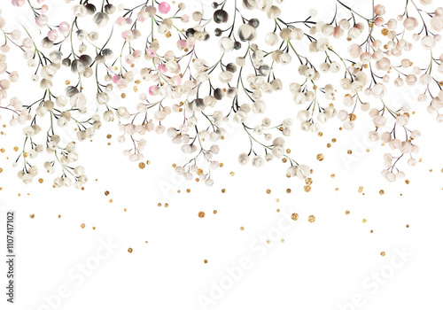Gypsophila, Floral border, can be used as invitation card for wedding, birthday and other holiday and summer background. Botanical art