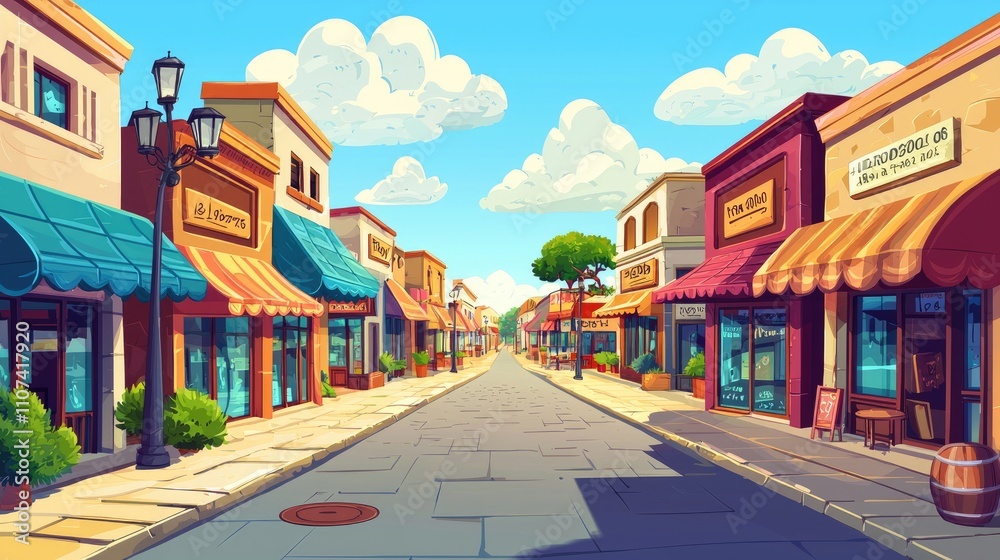 Fototapeta premium A cartoon depiction of a quaint, cobblestone street lined with colorful shops and awnings