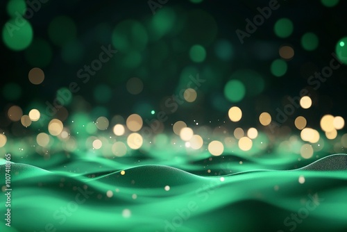 Green digital wave pattern curving elegantly, glowing particles orbiting in rhythmic motion, soft light beams radiating from the wave's core, creating a sense of depth and dimension, bold contrast 